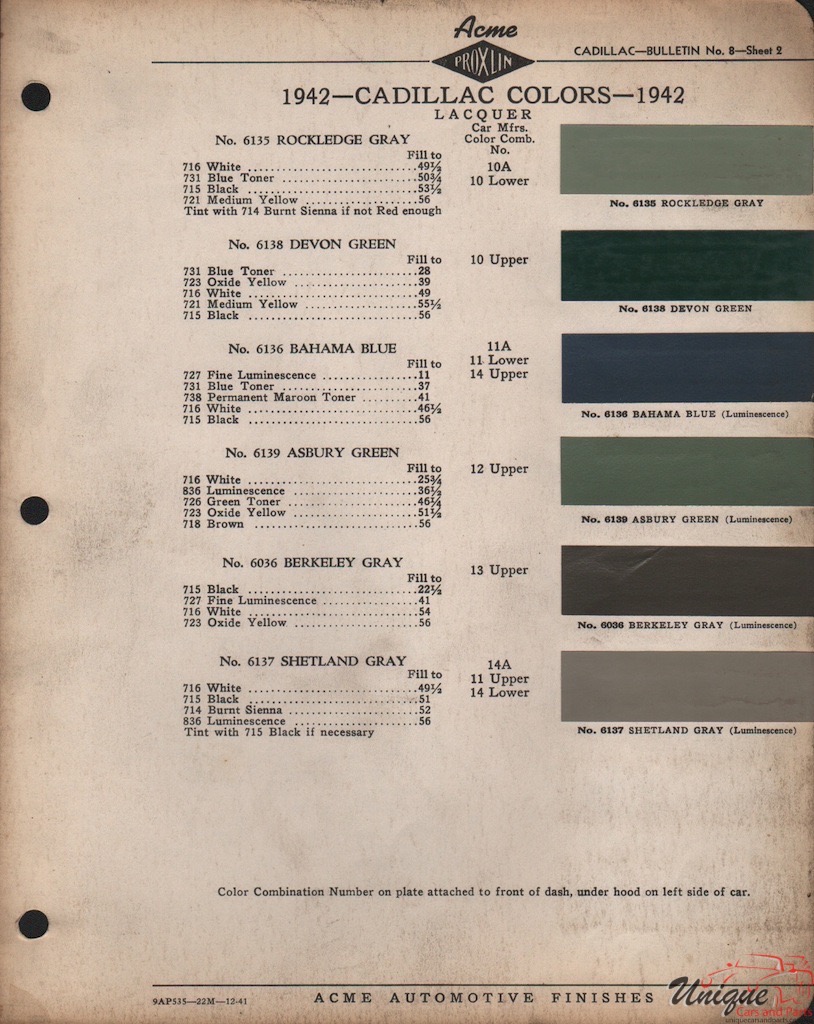 1942 Cadillac Paint Charts Acme 1